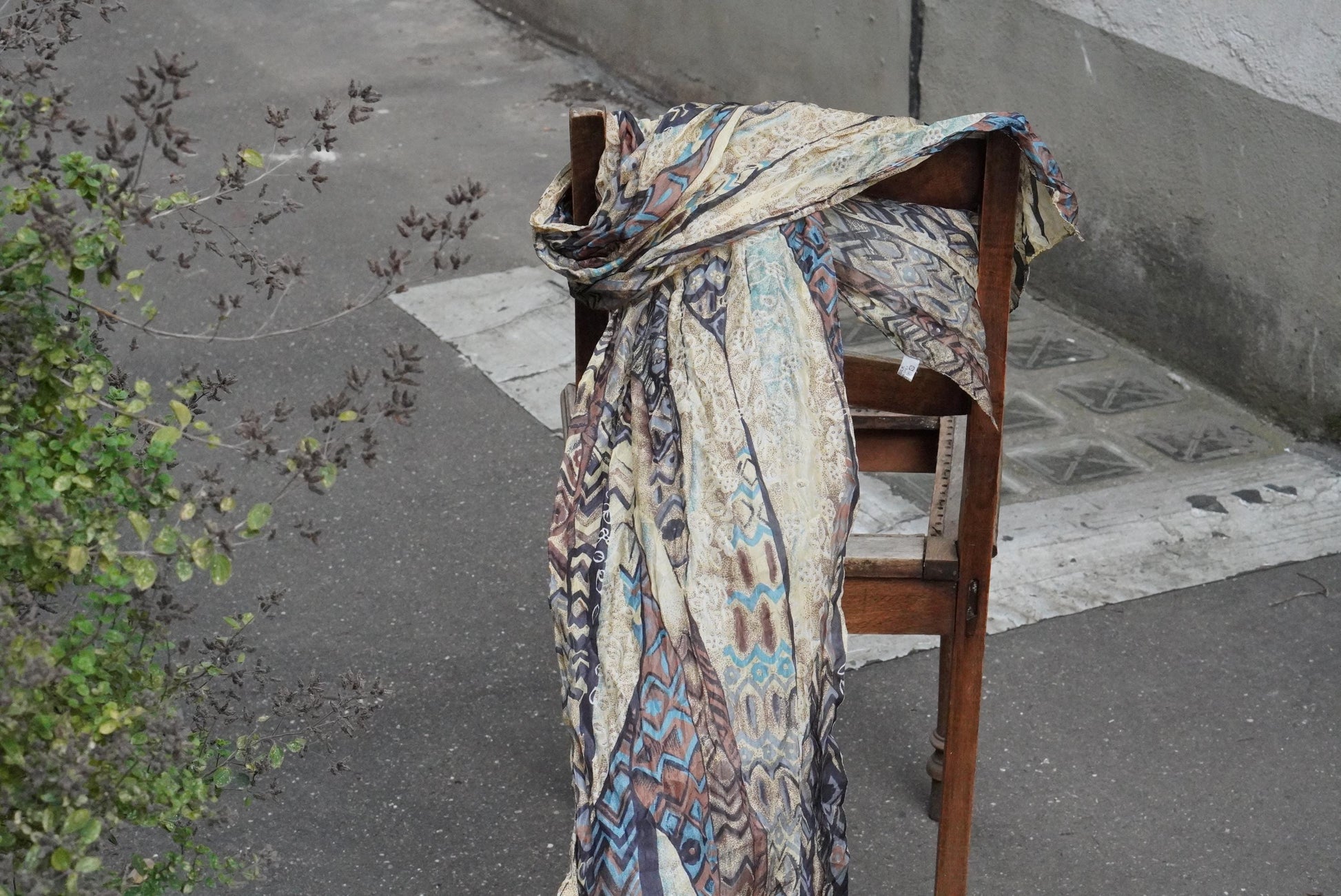 Vintage Geometric Silk Scarf Earthy Brown Abstract Print Boho Neck Head Scarf 70s