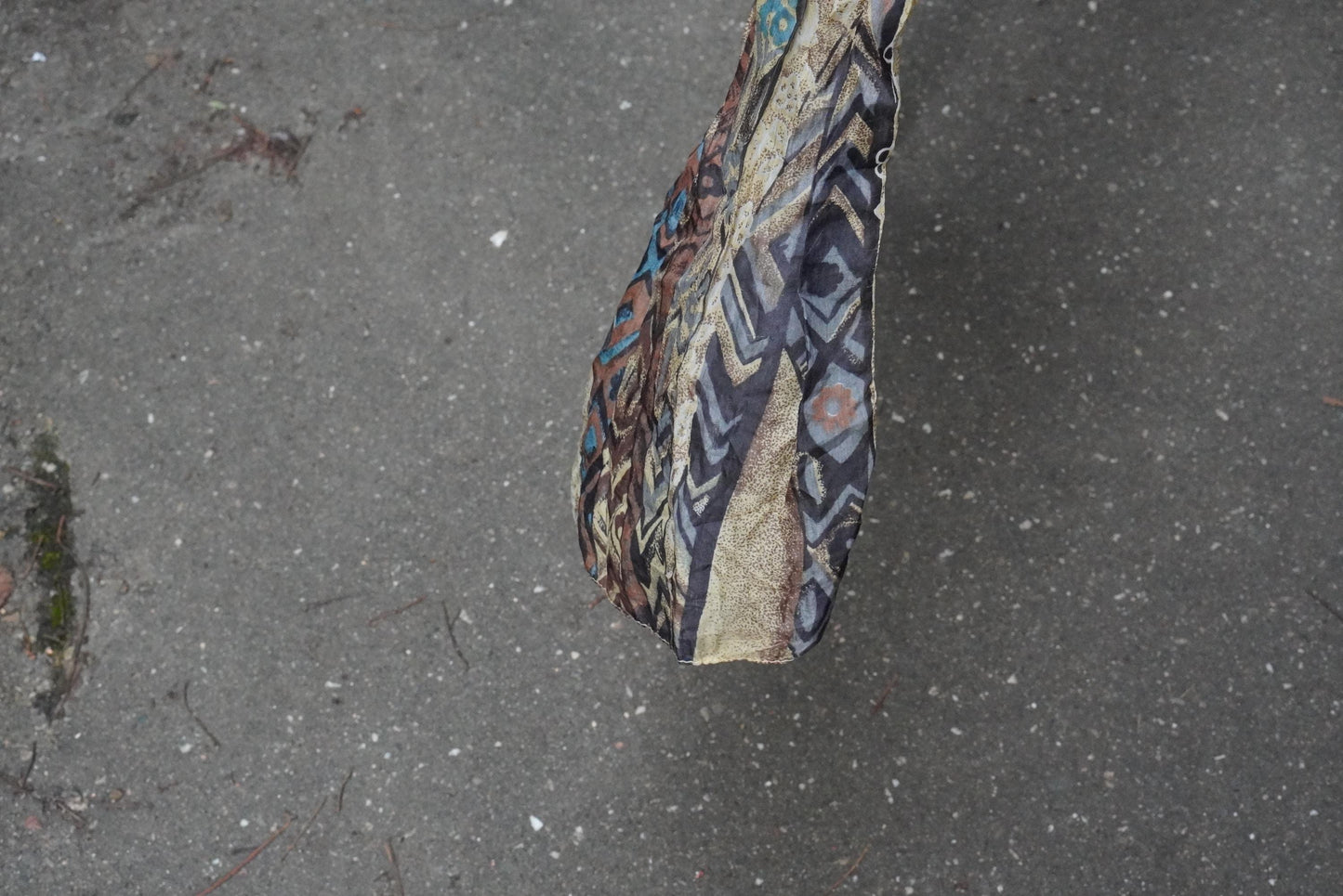 Vintage Geometric Silk Scarf Earthy Brown Abstract Print Boho Neck Head Scarf 70s