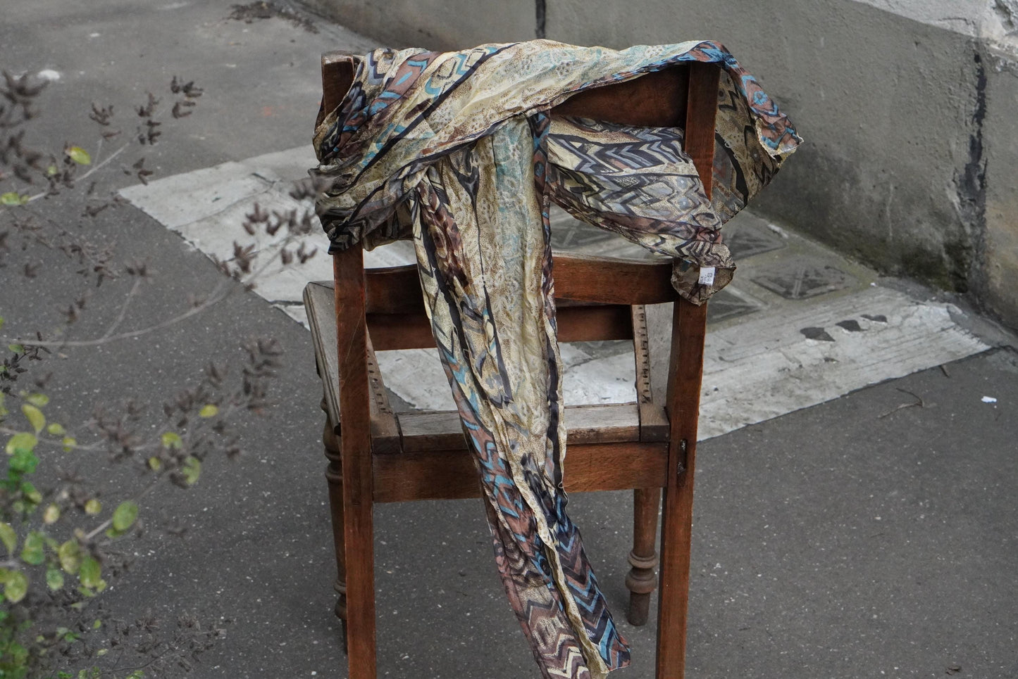 Vintage Geometric Silk Scarf Earthy Brown Abstract Print Boho Neck Head Scarf 70s