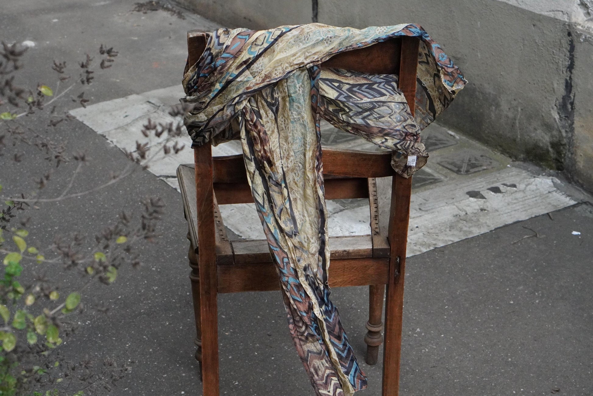 Vintage Geometric Silk Scarf Earthy Brown Abstract Print Boho Neck Head Scarf 70s