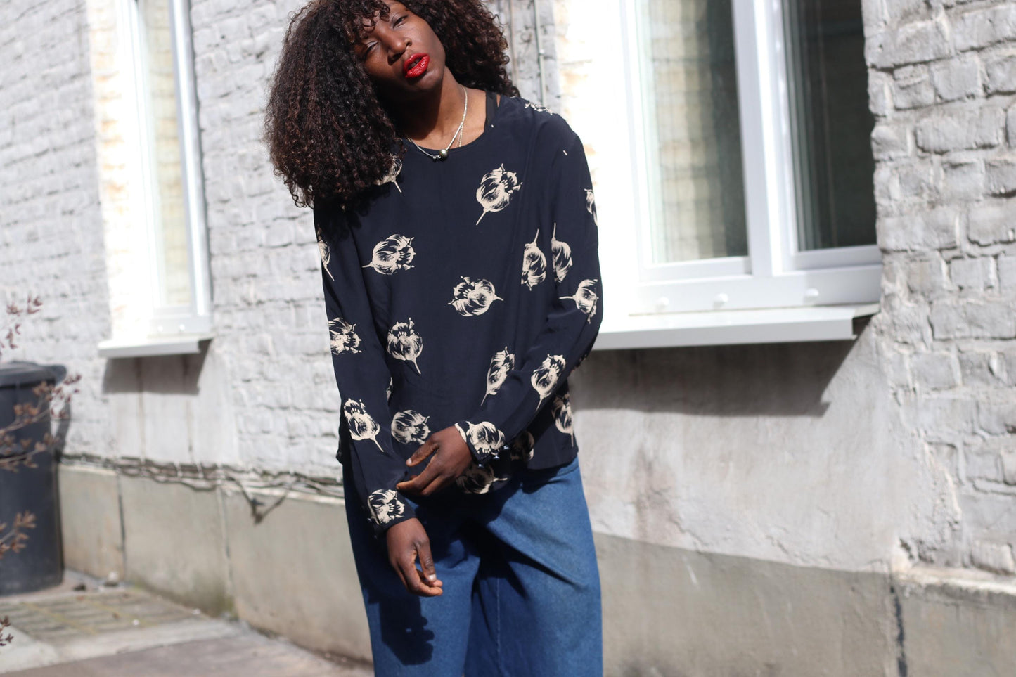 Vintage Silk Blouse with Floral Print| Long Sleeve Monochrome Minimalist Top M L