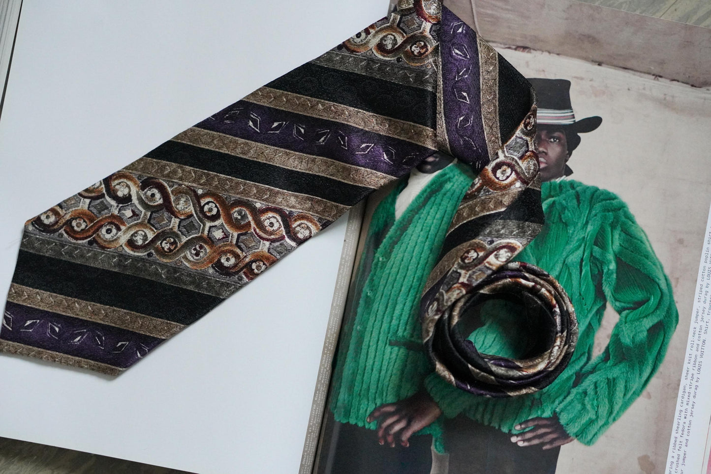 Pierre Cardin Vintage Silk Tie Geometric Abstract Print Purple Gold Designer Necktie