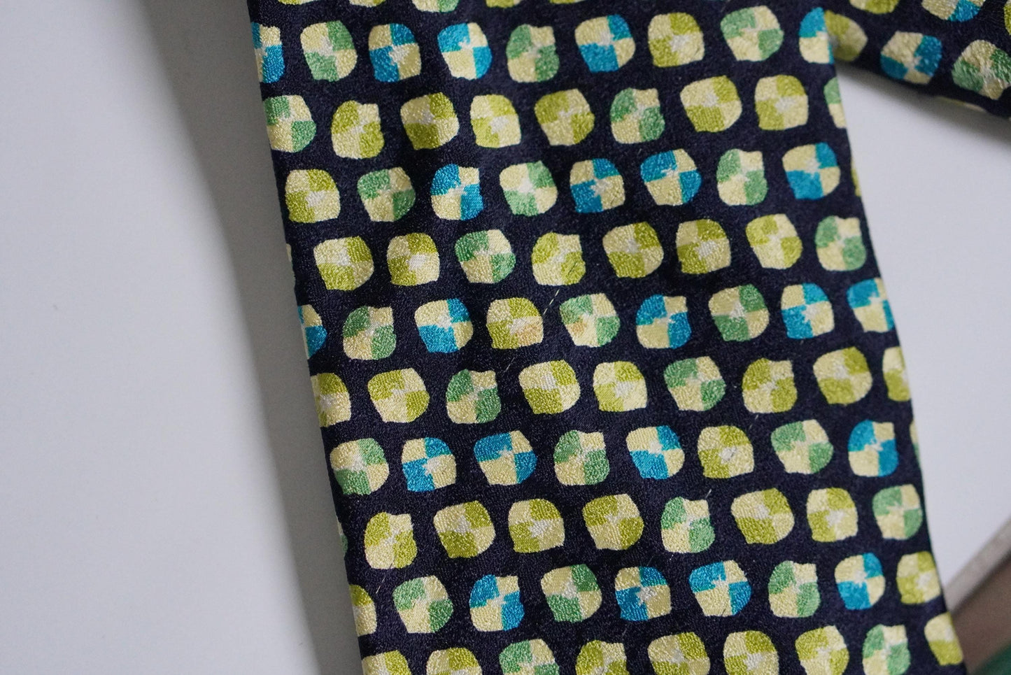 Vintage Silk Tie Geometric Mosaic Print Chartreuse Green Blue Retro Necktie