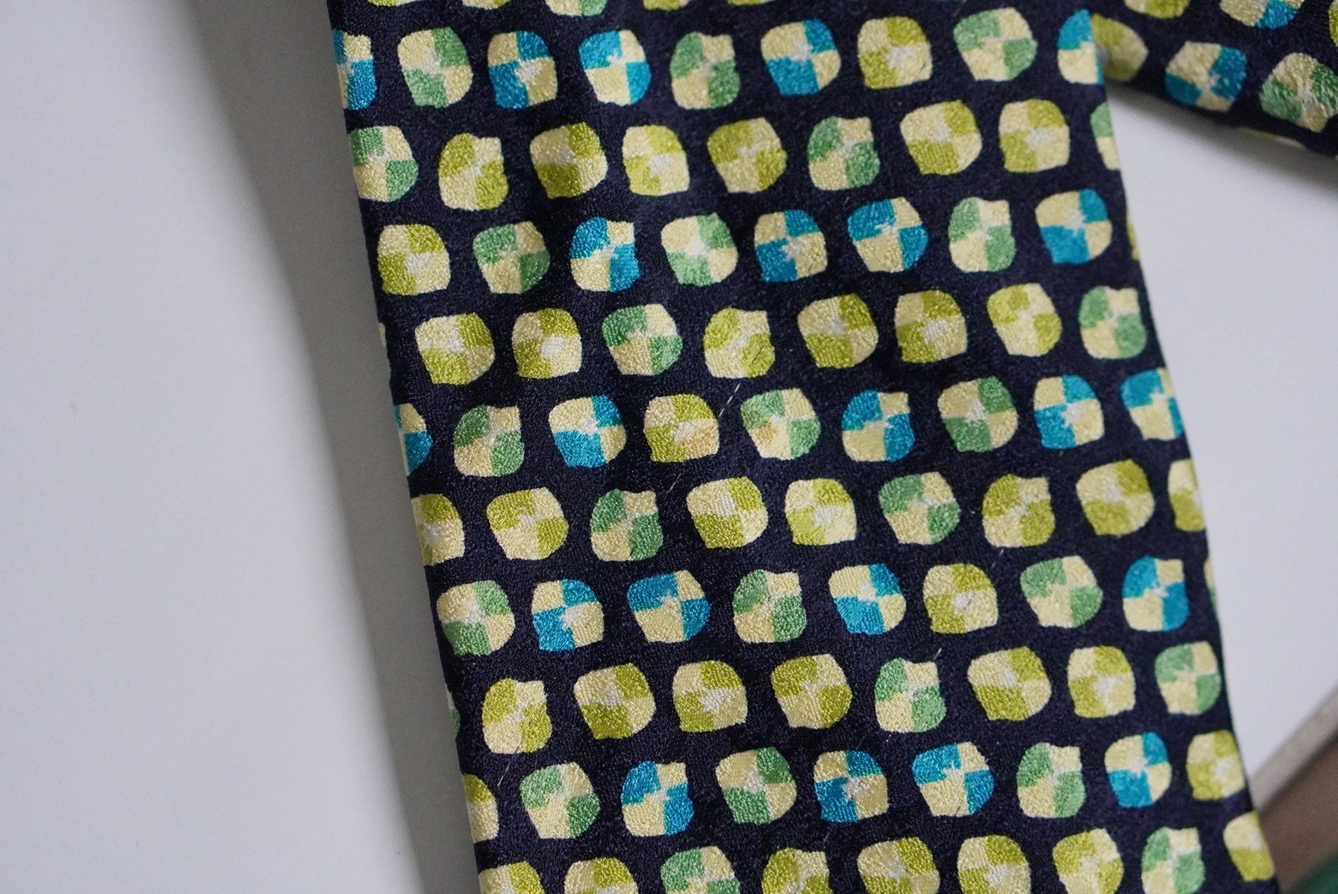 Vintage Silk Tie Geometric Mosaic Print Chartreuse Green Blue Retro Necktie
