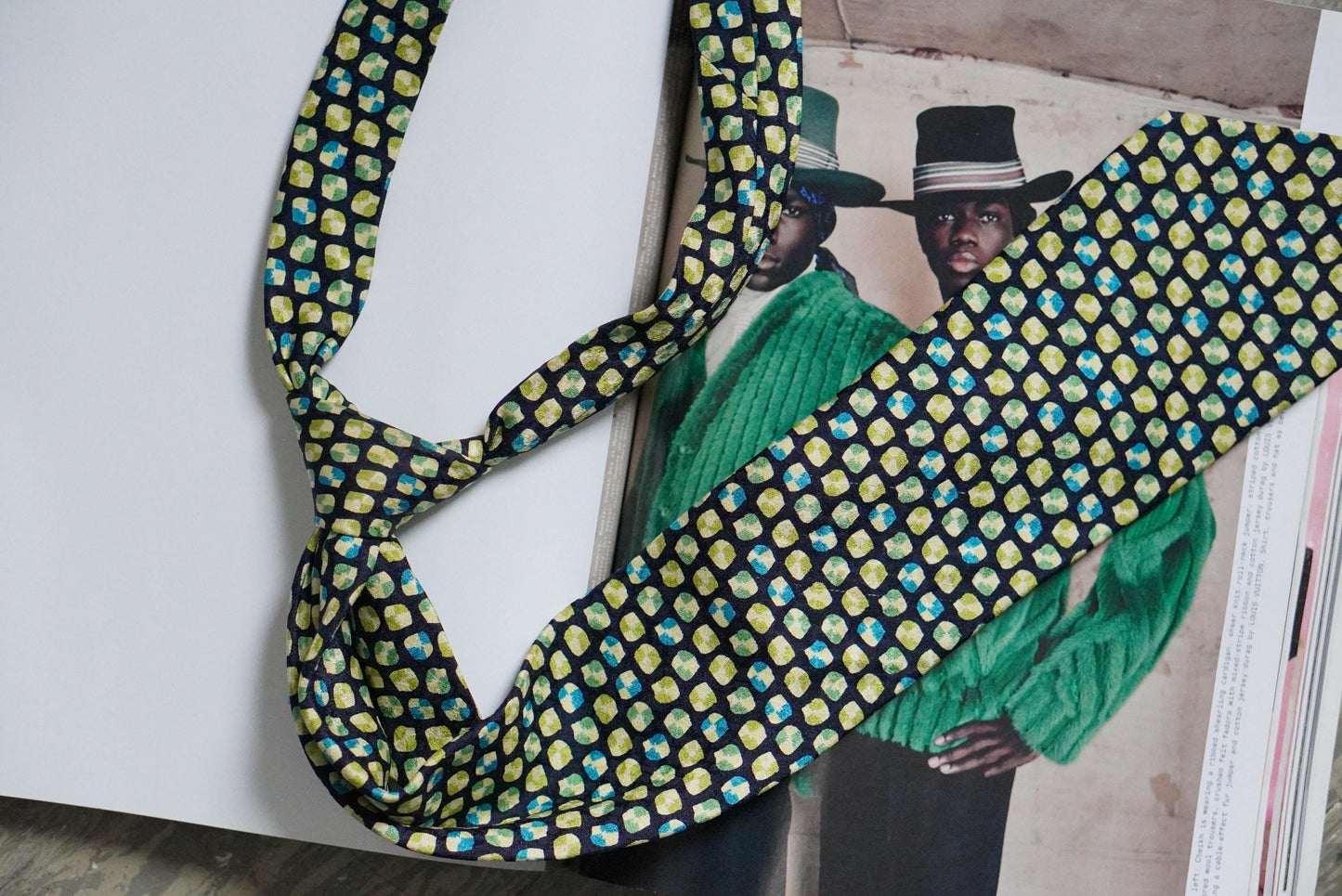 Vintage Silk Tie Geometric Mosaic Print Chartreuse Green Blue Retro Necktie