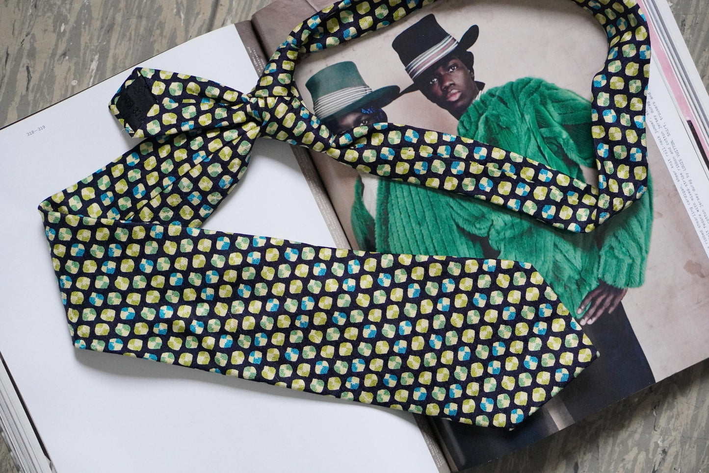 Vintage Silk Tie Geometric Mosaic Print Chartreuse Green Blue Retro Necktie