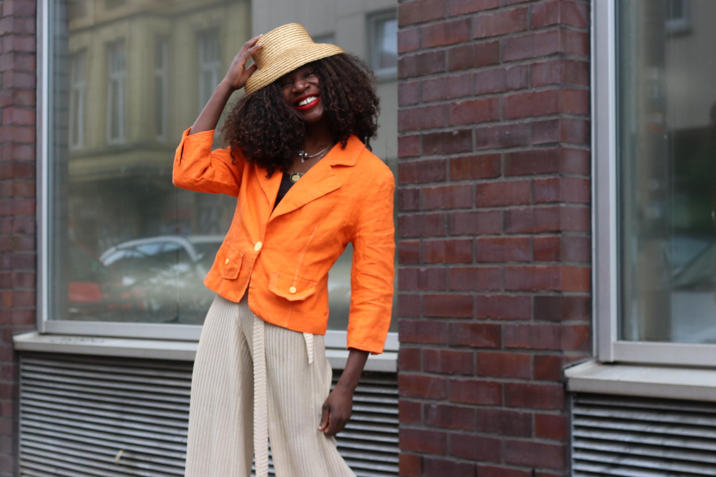 Orange Linen Blazer Vintage 90s Summer Jacket Single Breasted Lightweight Coat