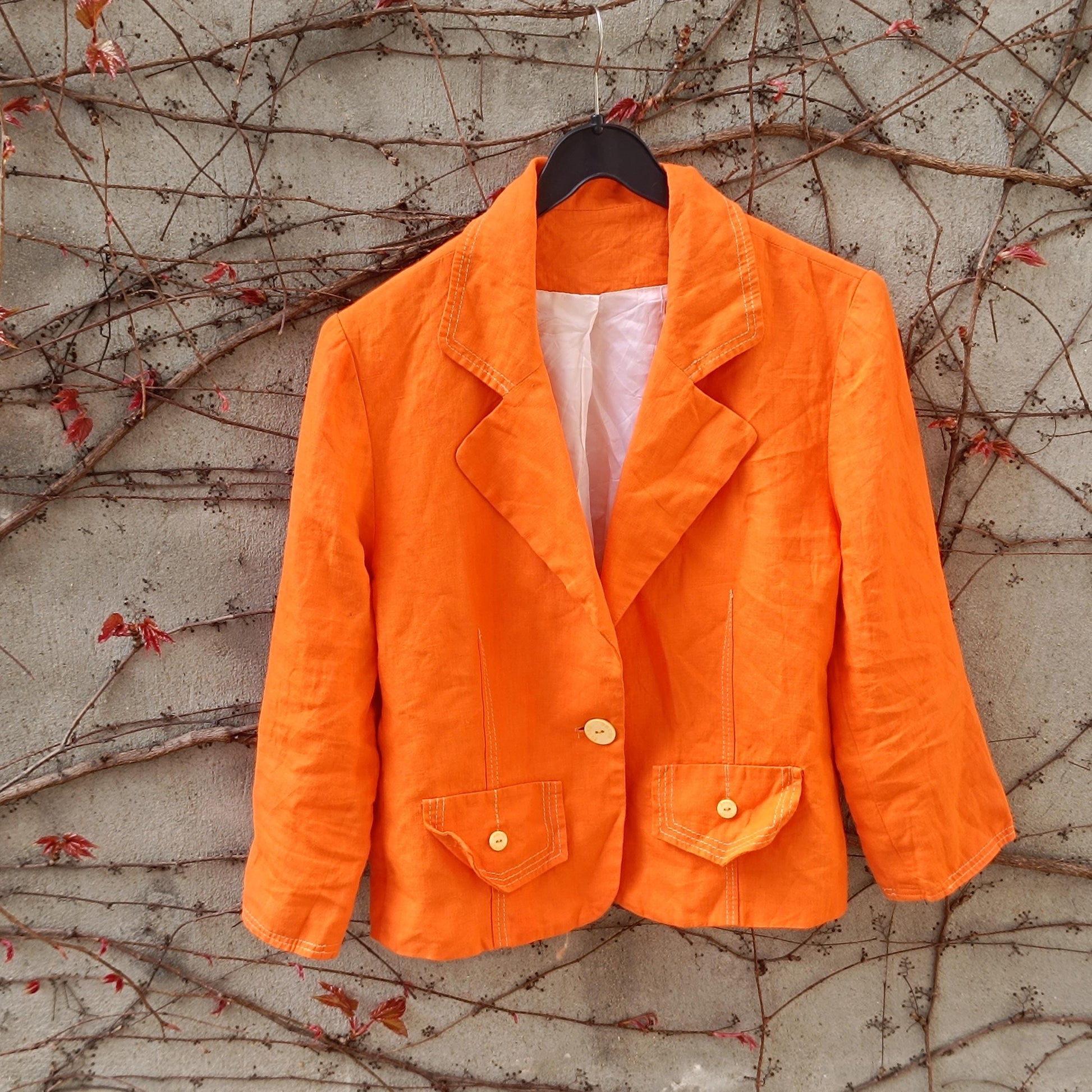 Orange Linen Blazer Vintage 90s Summer Jacket Single Breasted Lightweight Coat