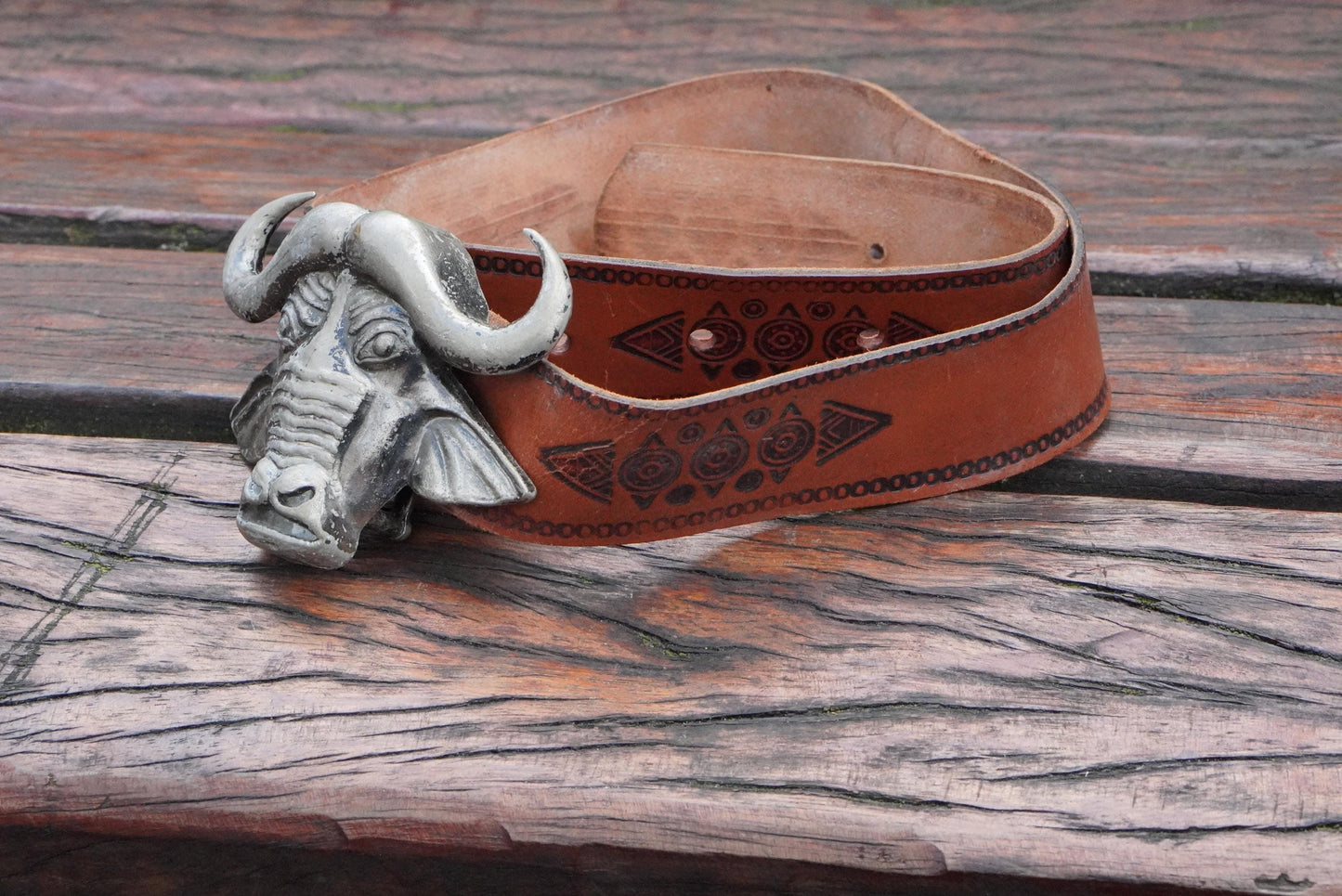 Vintage Buffalo Buckled Belt| 70s Leather Safari Western Tribal Tooled Boho Accessory