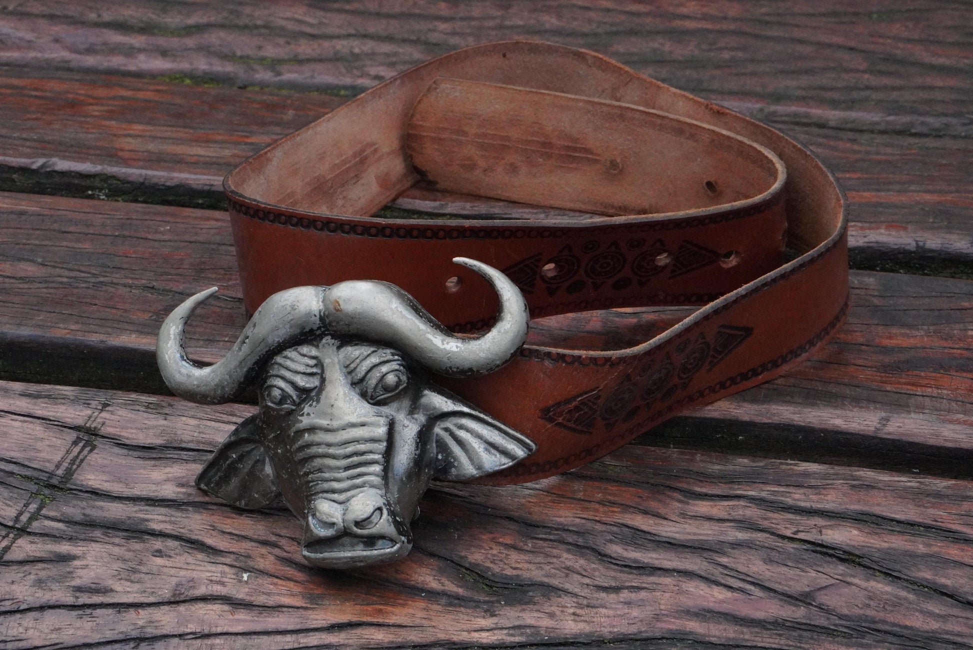 Vintage Buffalo Buckled Belt| 70s Leather Safari Western Tribal Tooled Boho Accessory