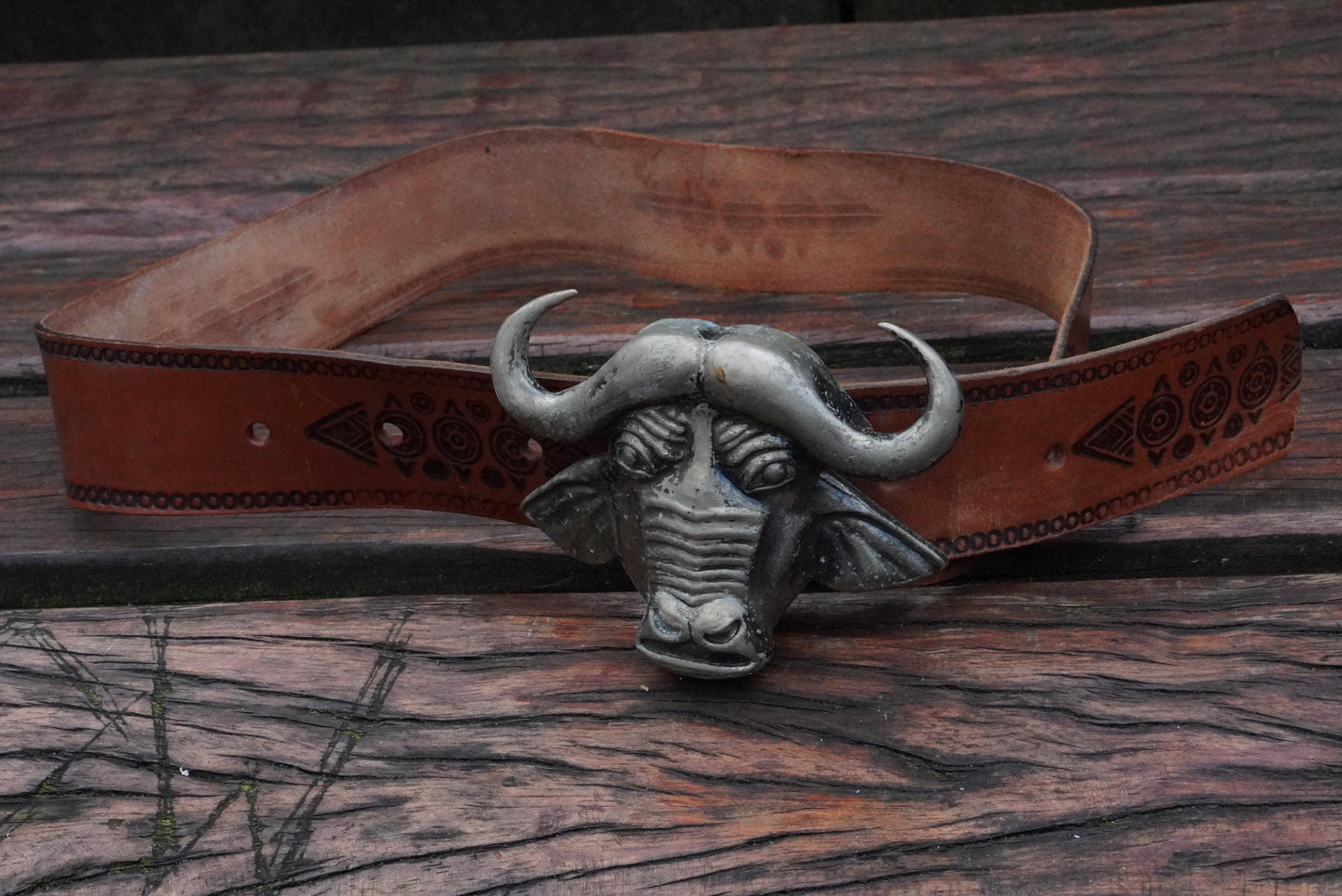 Vintage Buffalo Buckled Belt| 70s Leather Safari Western Tribal Tooled Boho Accessory