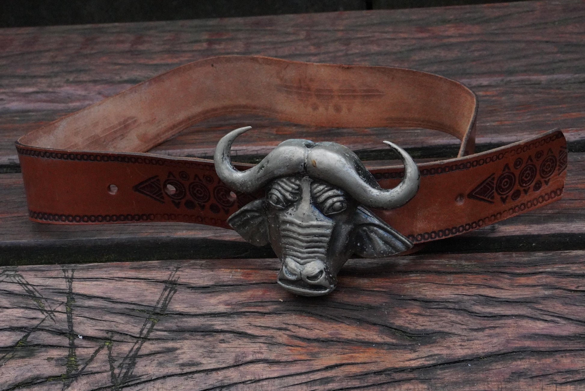 Vintage Buffalo Buckled Belt| 70s Leather Safari Western Tribal Tooled Boho Accessory
