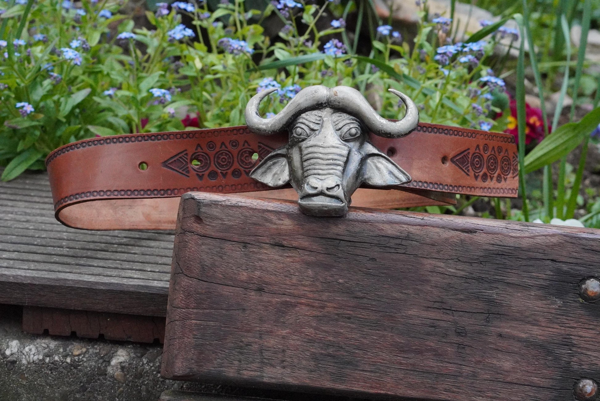 Vintage Buffalo Buckled Belt| 70s Leather Safari Western Tribal Tooled Boho Accessory