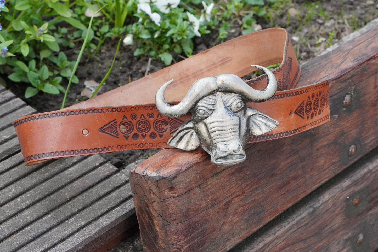 Vintage Buffalo Buckled Belt| 70s Leather Safari Western Tribal Tooled Boho Accessory