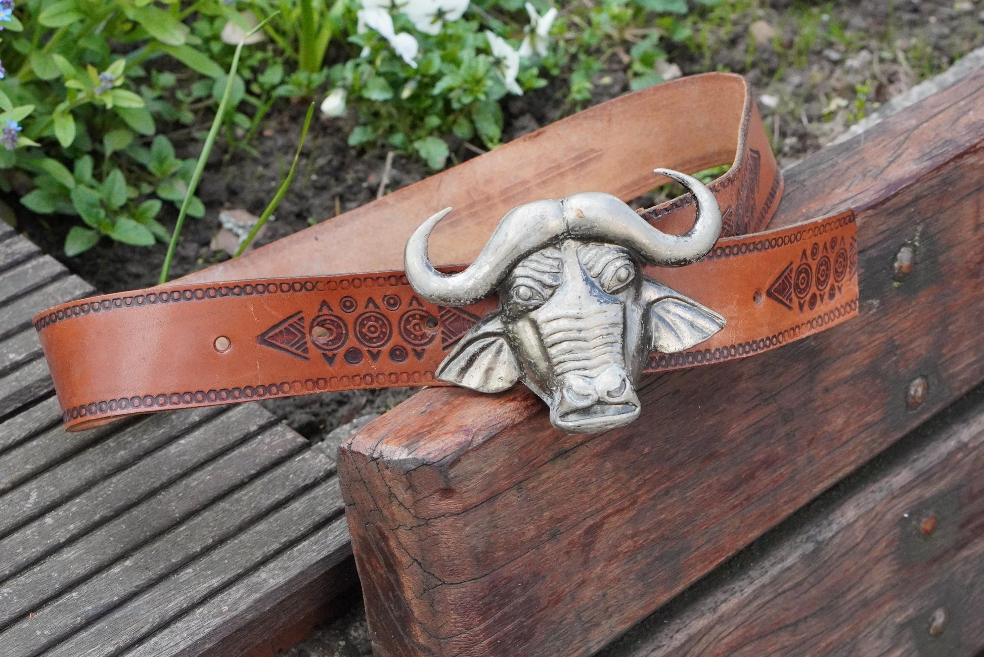 Vintage Buffalo Buckled Belt| 70s Leather Safari Western Tribal Tooled Boho Accessory