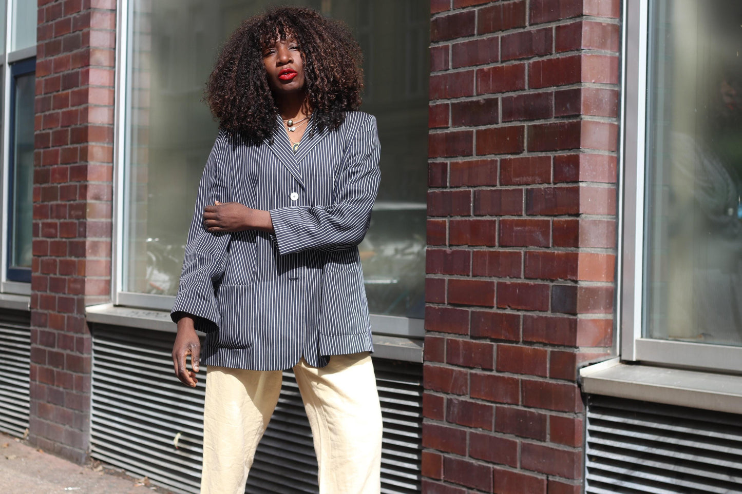 Vintage Pinstripe Blazer Navy Blue White Striped Oversized Jacket Women’s Size M