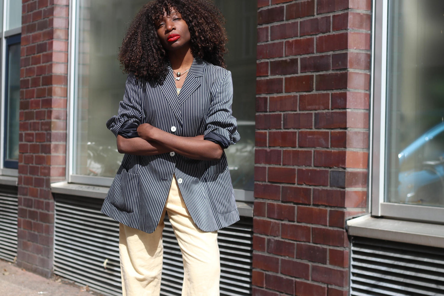 Vintage Pinstripe Blazer Navy Blue White Striped Oversized Jacket Women’s Size M