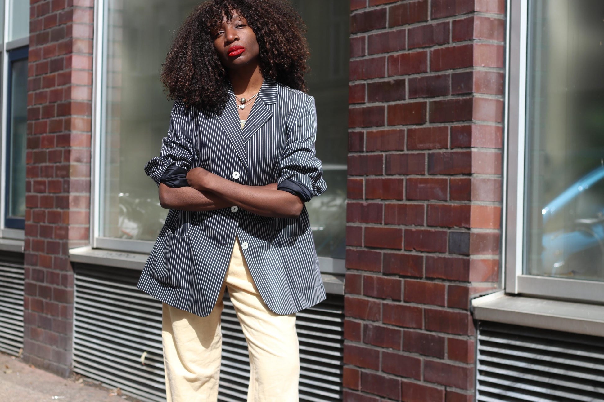Vintage Pinstripe Blazer Navy Blue White Striped Oversized Jacket Women’s Size M