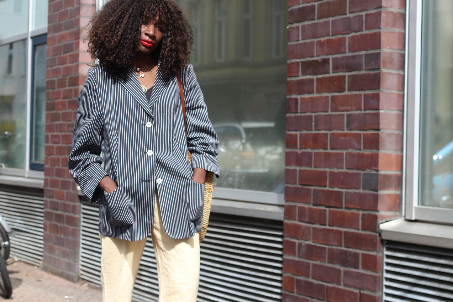 Vintage Pinstripe Blazer Navy Blue White Striped Oversized Jacket Women’s Size M