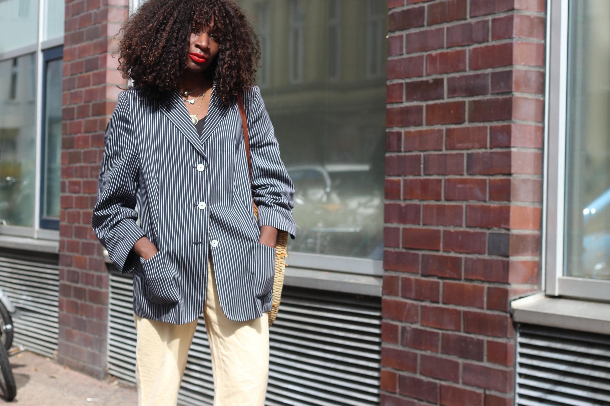Vintage Pinstripe Blazer Navy Blue White Striped Oversized Jacket Women’s Size M