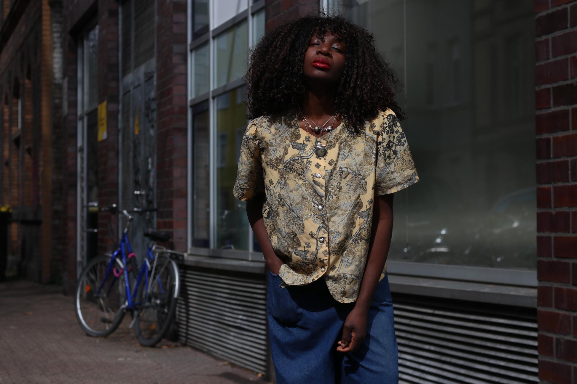 Vintage Scenic Print Blouse Yellow Square Silhouette Short Sleeve Button Up Top