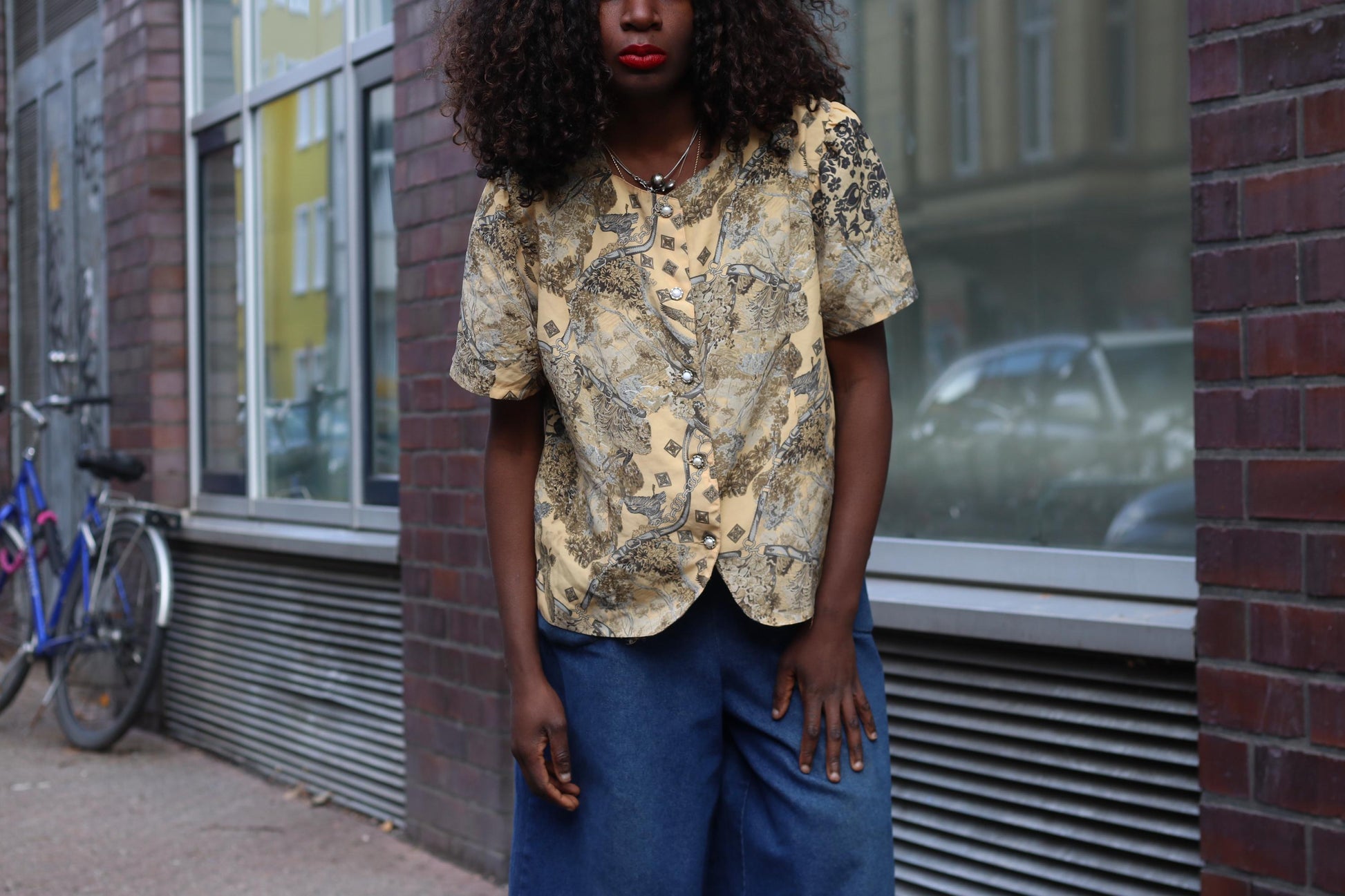 Vintage Scenic Print Blouse Yellow Square Silhouette Short Sleeve Button Up Top