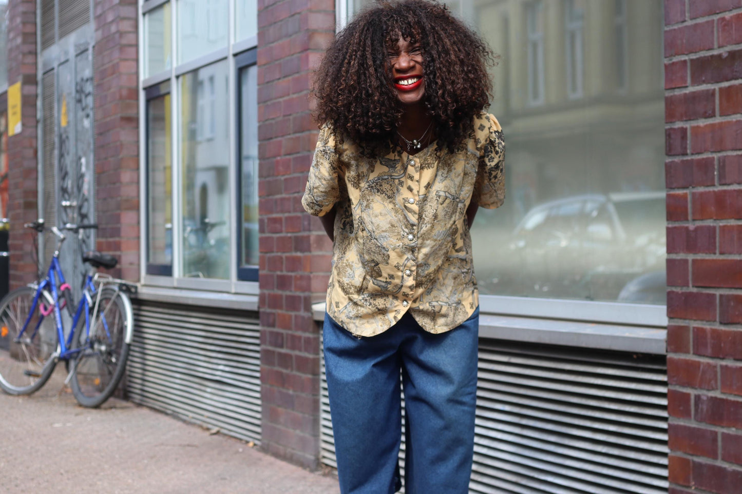 Vintage Scenic Print Blouse Yellow Square Silhouette Short Sleeve Button Up Top