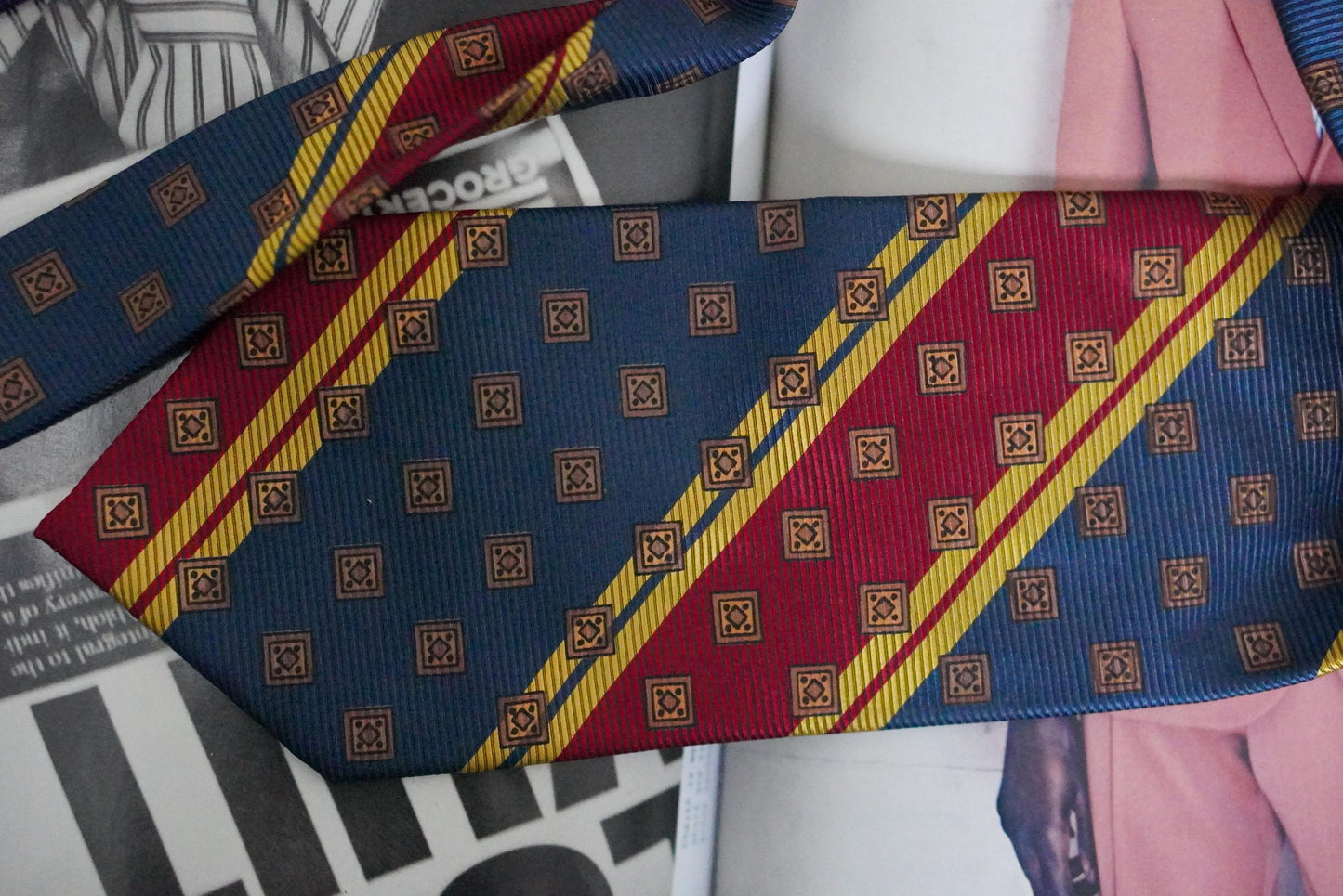 Vintage Silk Tie Prochownick Italy Geometric Red Blue Gold Striped Necktie Retro
