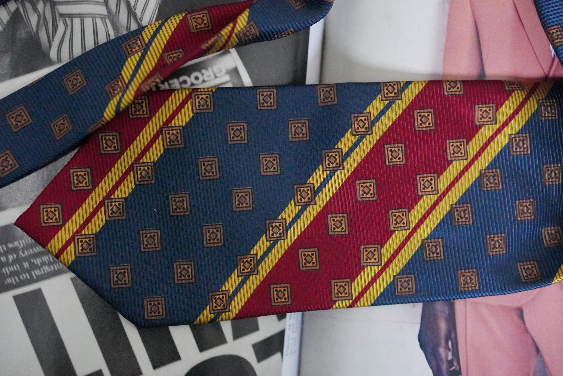 Vintage Silk Tie Prochownick Italy Geometric Red Blue Gold Striped Necktie Retro