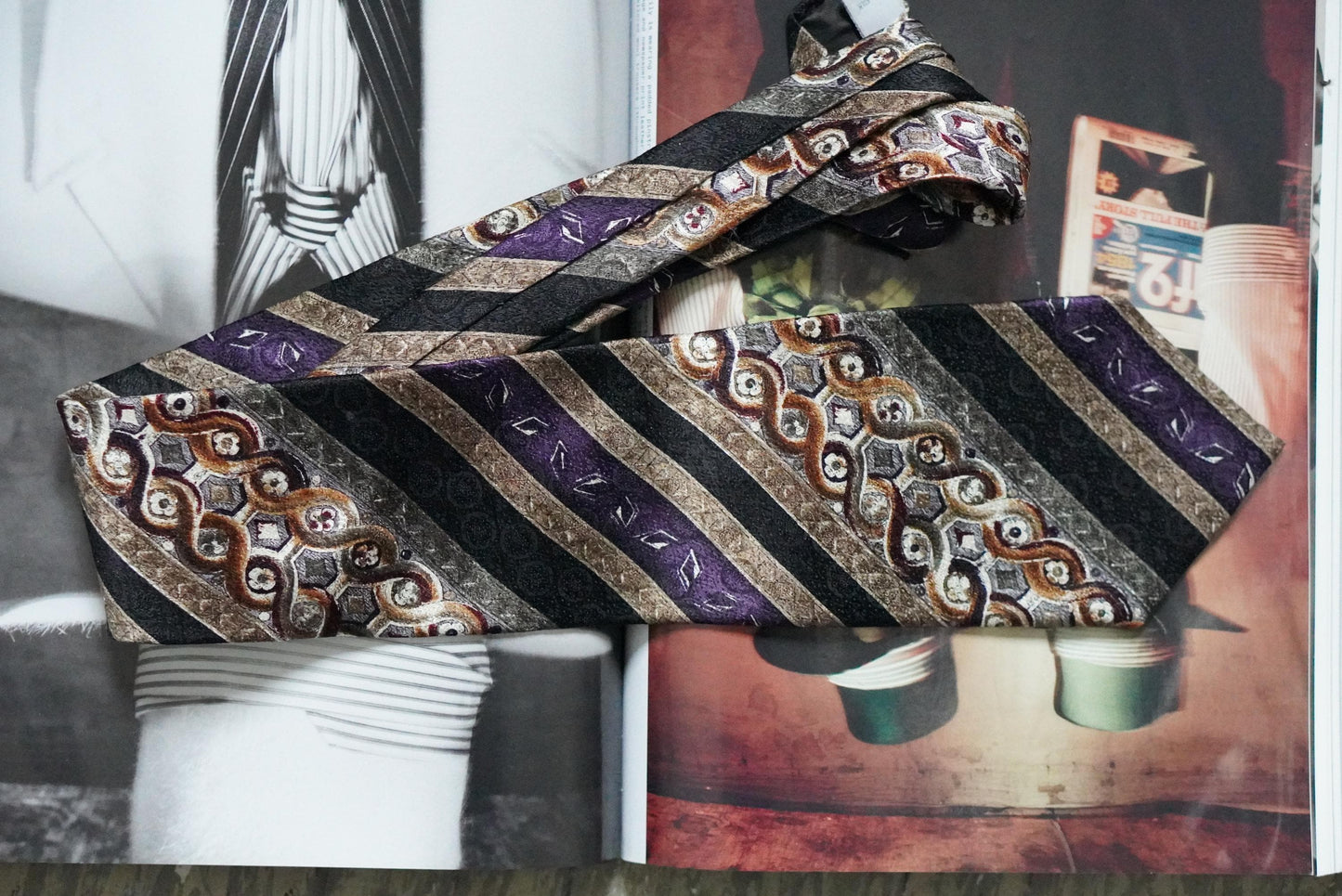 Pierre Cardin Vintage Silk Tie Geometric Abstract Print Purple Gold Designer Necktie