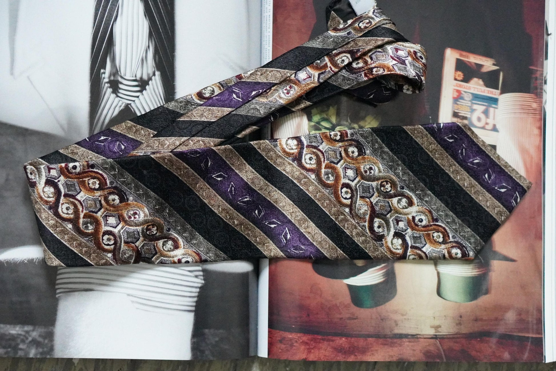Pierre Cardin Vintage Silk Tie Geometric Abstract Print Purple Gold Designer Necktie