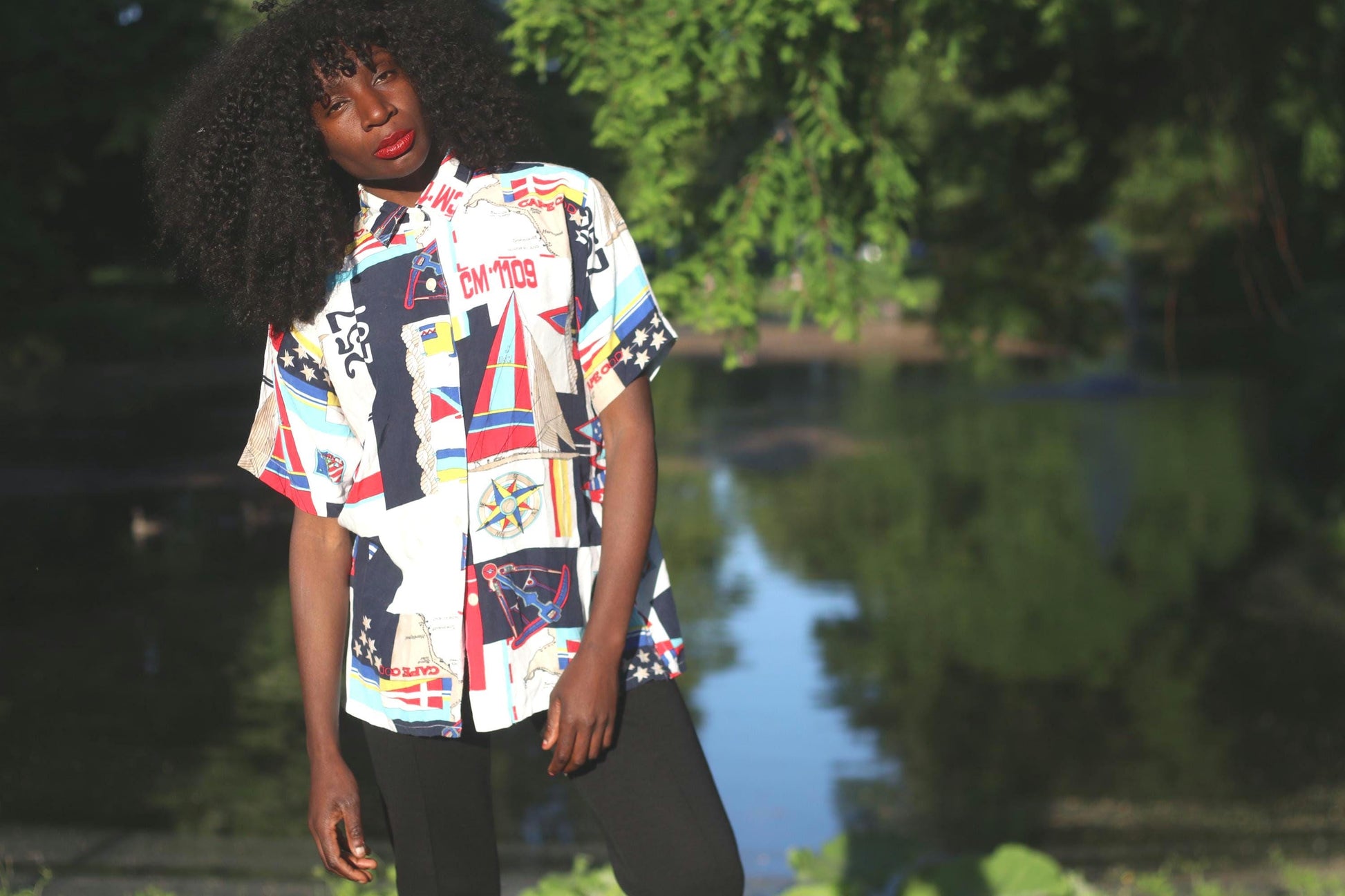 Vintage Nautical Shirt 90s Sailing Print Short Sleeve Button Up Cape Cod Map M/L