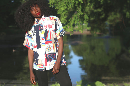 Vintage Nautical Shirt 90s Sailing Print Short Sleeve Button Up Cape Cod Map M/L