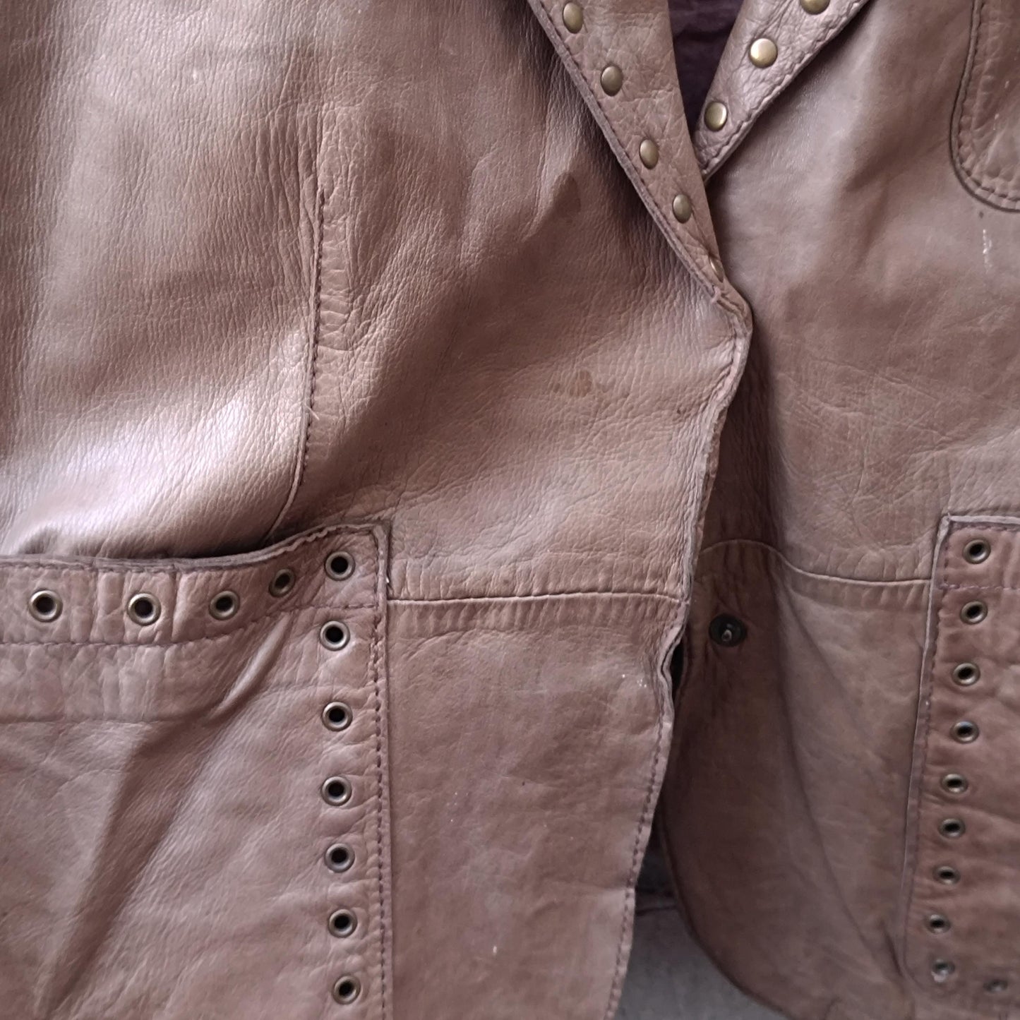 Yoek Vintage Leather Blazer| Studded Brown Jacket Western Boho Lined Grommet