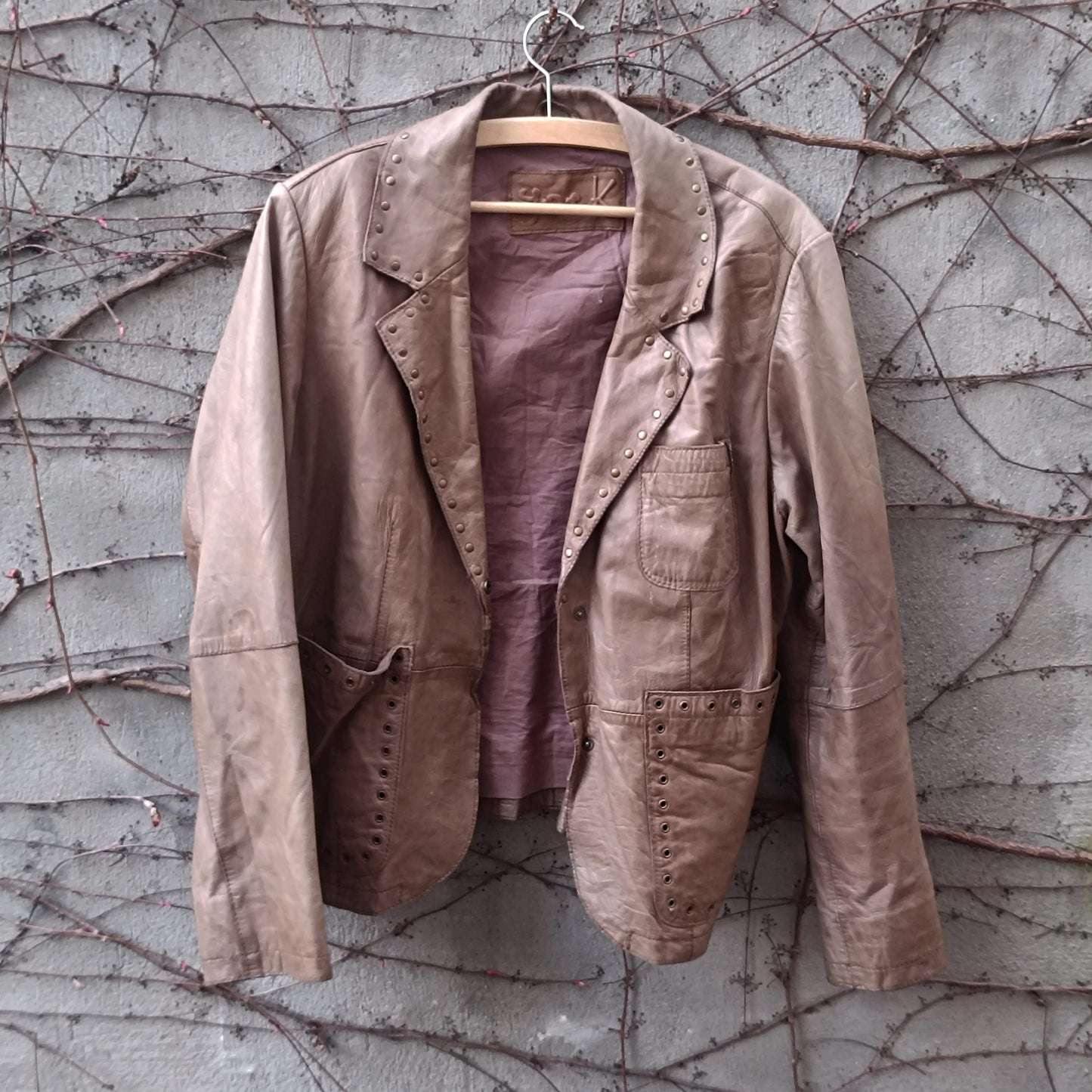 Yoek Vintage Leather Blazer| Studded Brown Jacket Western Boho Lined Grommet