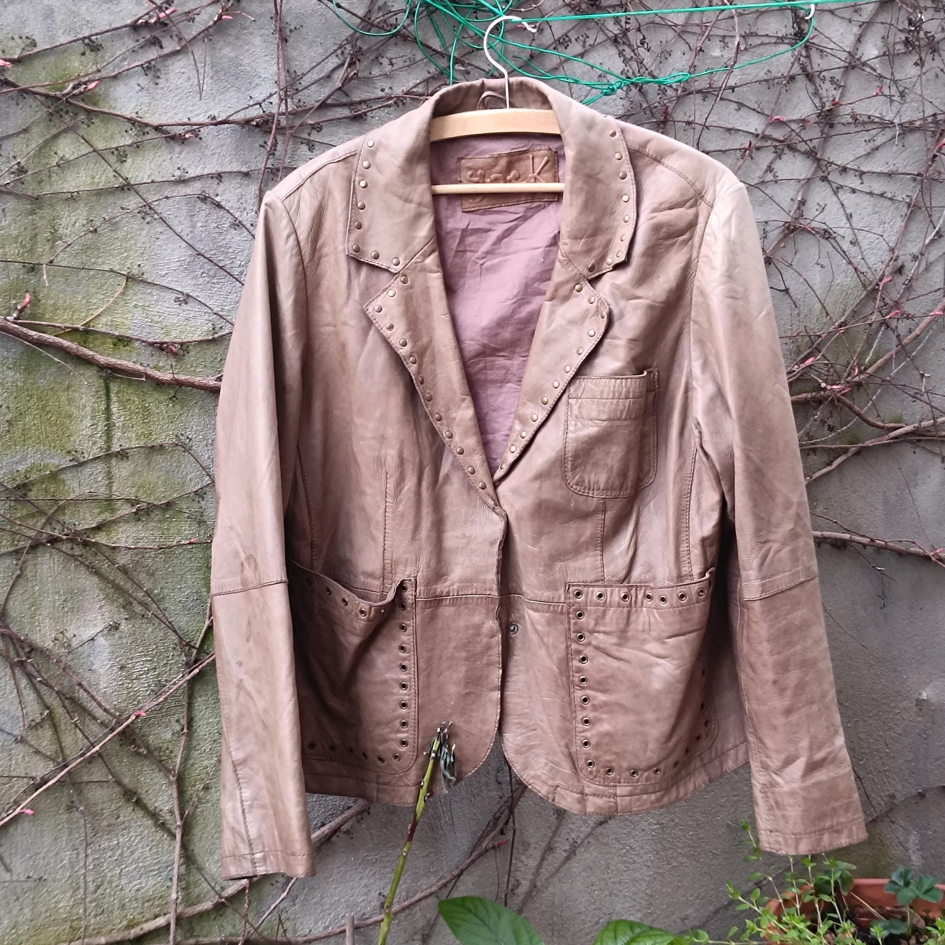 Yoek Vintage Leather Blazer| Studded Brown Jacket Western Boho Lined Grommet