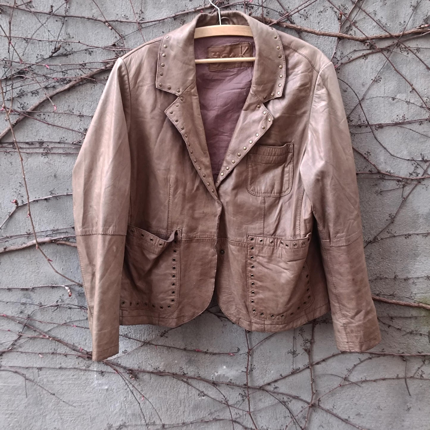 Yoek Vintage Leather Blazer| Studded Brown Jacket Western Boho Lined Grommet