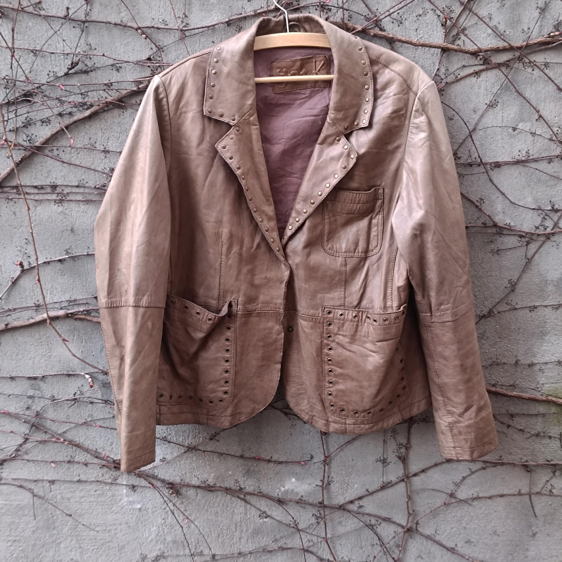 Yoek Vintage Leather Blazer| Studded Brown Jacket Western Boho Lined Grommet