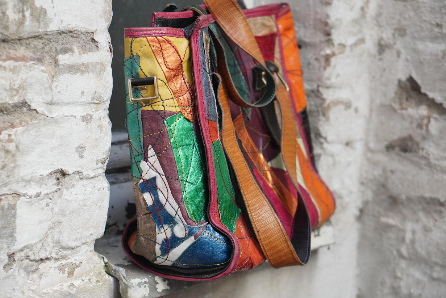 Vintage Fara Dakar Patchwork Leder Tasche Handarbeit Bunt Shopper Unikat 90er