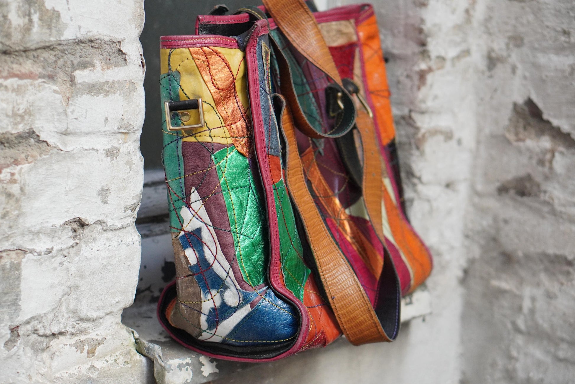 Vintage Fara Dakar Patchwork Leder Tasche Handarbeit Bunt Shopper Unikat 90er