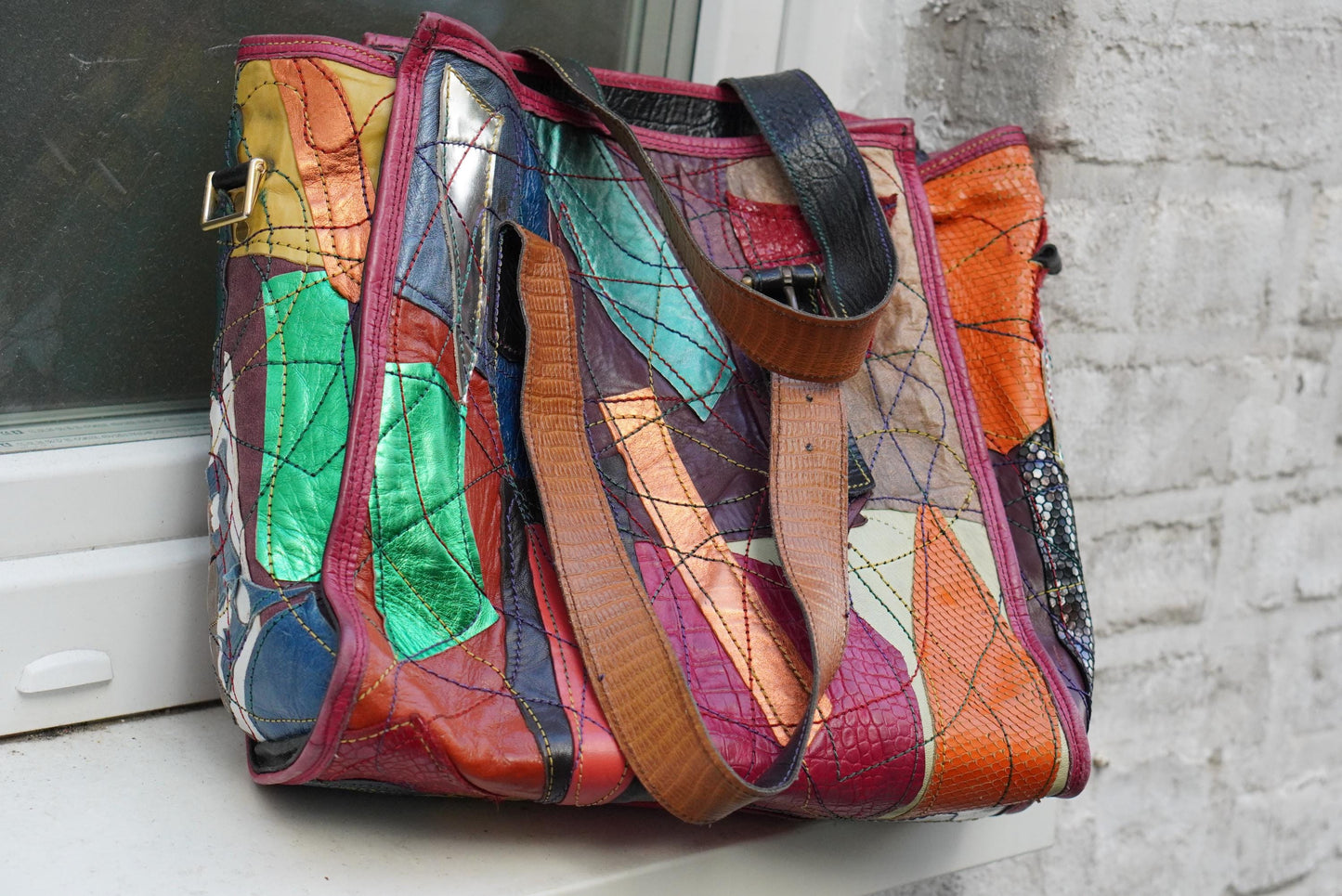 Vintage Fara Dakar Patchwork Leder Tasche Handarbeit Bunt Shopper Unikat 90er