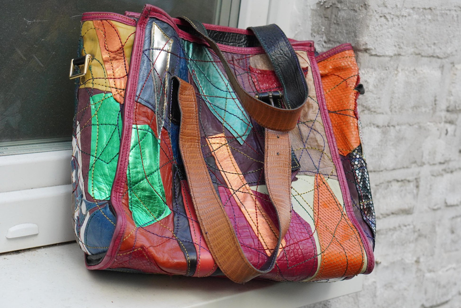 Vintage Fara Dakar Patchwork Leder Tasche Handarbeit Bunt Shopper Unikat 90er