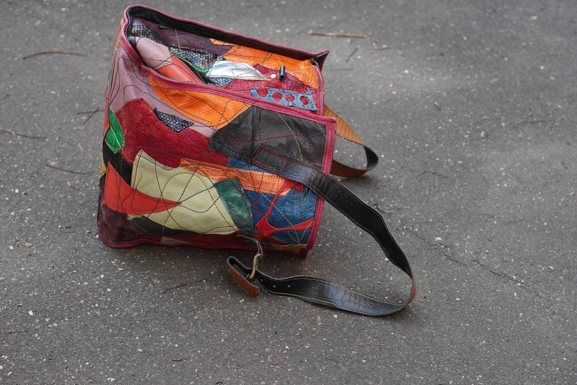 Vintage Fara Dakar Patchwork Leder Tasche Handarbeit Bunt Shopper Unikat 90er