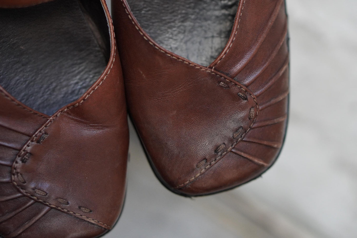 Vintage Brown Leather Mary Janes Pleated Square Toe Low Heel Pumps Comfort Shoes