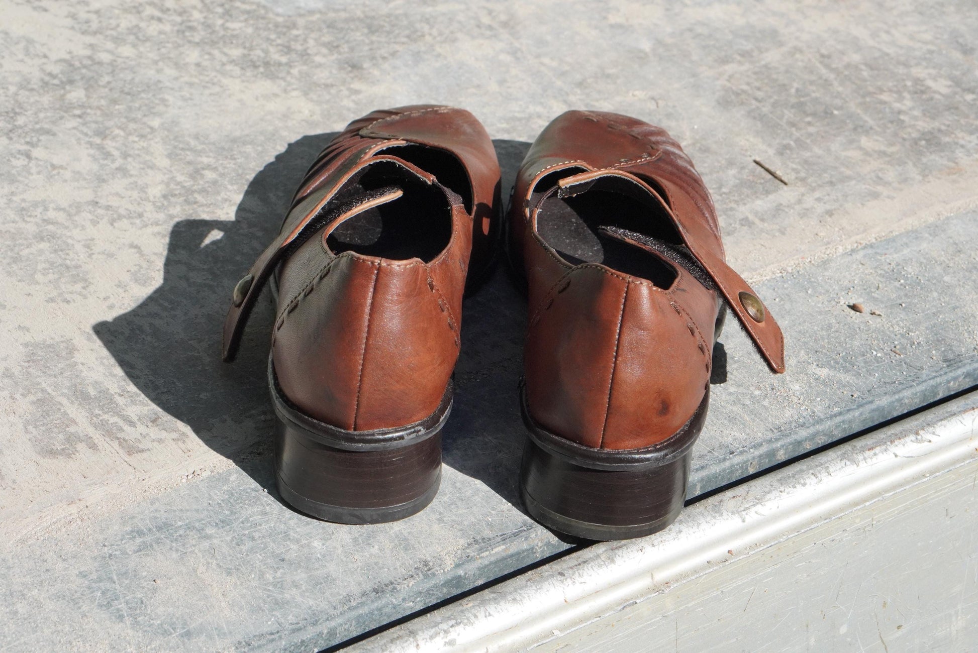 Vintage Brown Leather Mary Janes Pleated Square Toe Low Heel Pumps Comfort Shoes