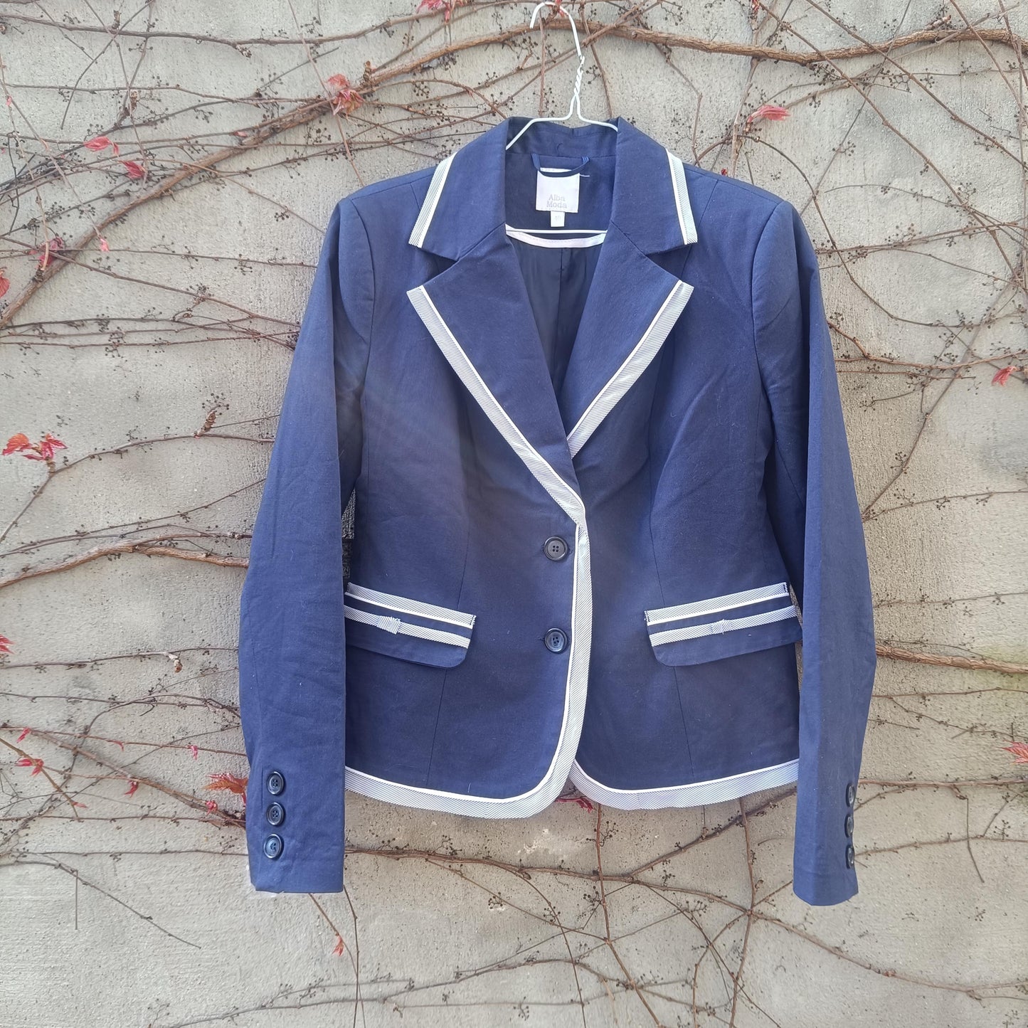 Vintage Navy Cotton Blazer Contrast Trim Tailored Jacket Minimal Chic