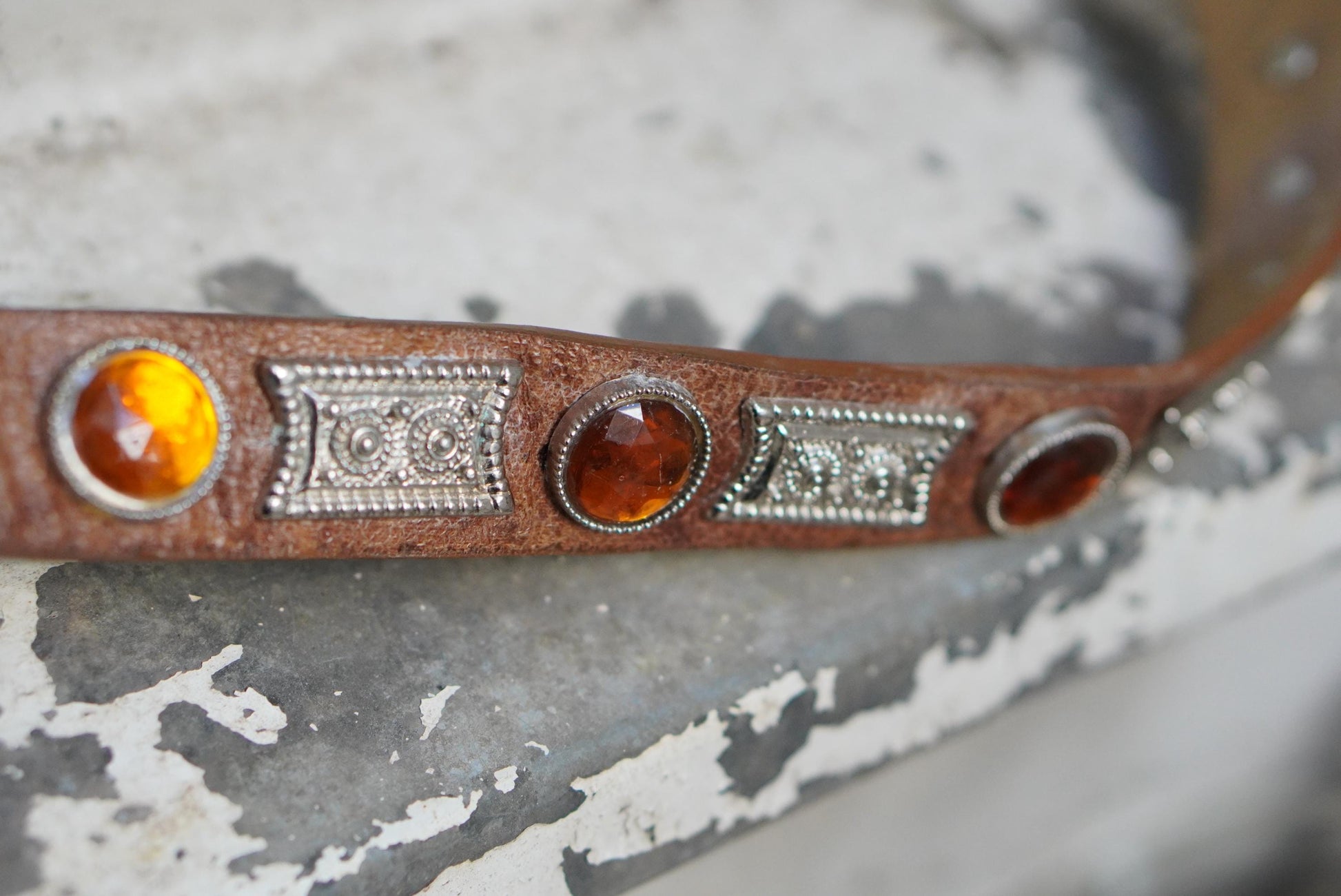 Vintage Western Leather Belt Amber Rhinestone Jeweled Buckle Boho Cowgirl 85cm