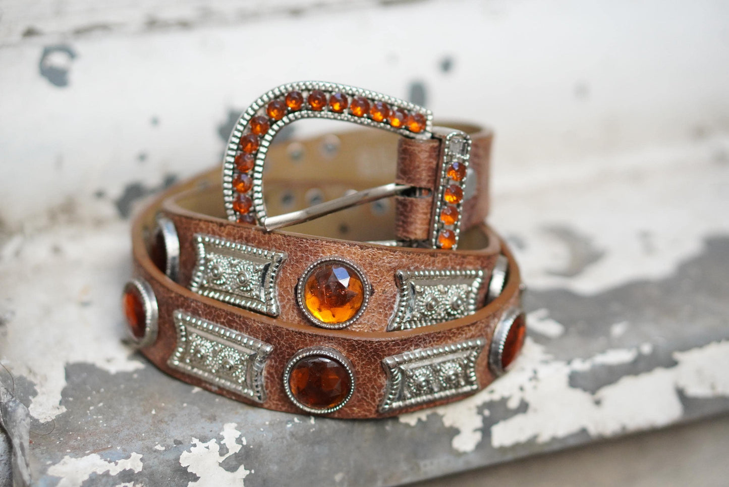 Vintage Western Leather Belt Amber Rhinestone Jeweled Buckle Boho Cowgirl 85cm