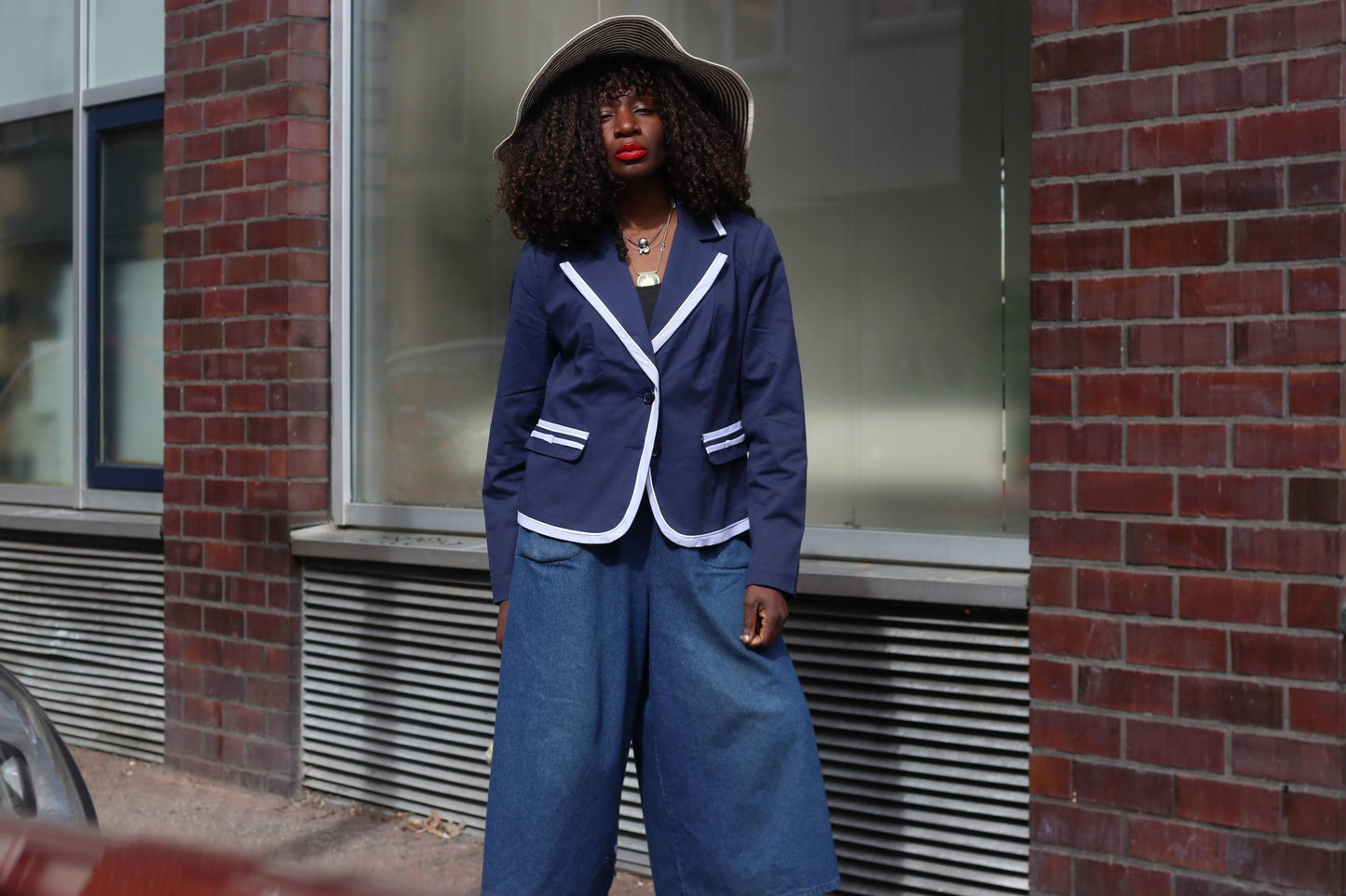 Vintage Navy Cotton Blazer Contrast Trim Tailored Jacket Minimal Chic