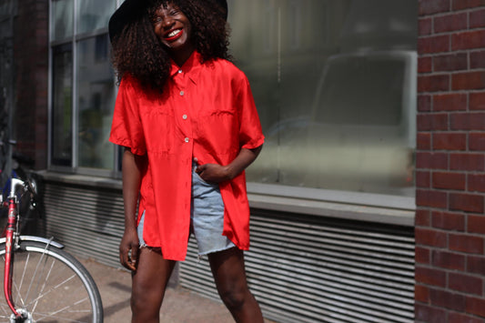 Vintage Red Silk Blouse Oversized Short Sleeve Shirt Minimalist Luxury Top S-M